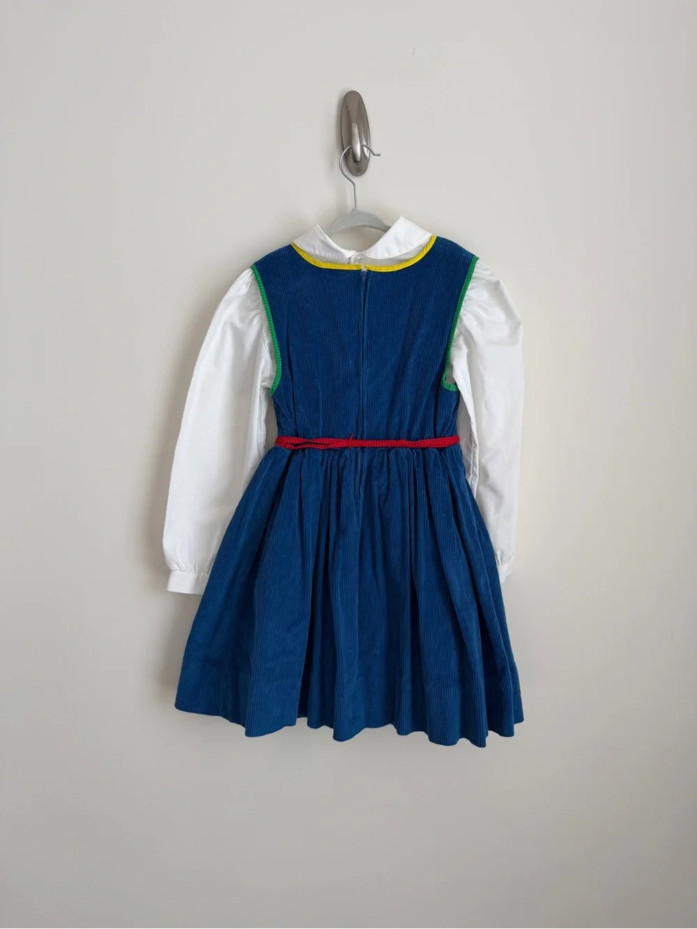 Girls Vintage Blue Velvet Apple Appliqué Dress with White PeterPan Collar Blouse
